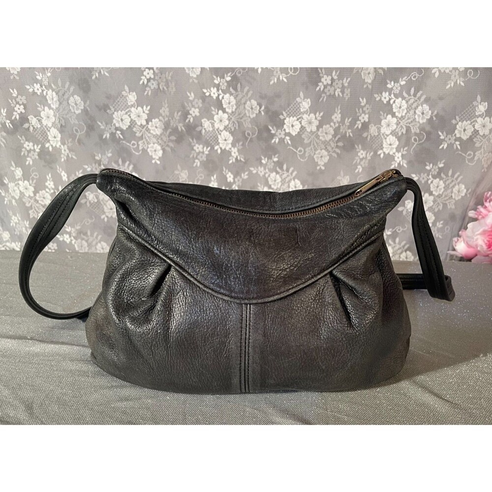 Vintage 80s 90s Black Genuine Leather Shoulder Bag Slouchy Purse Brass Zip